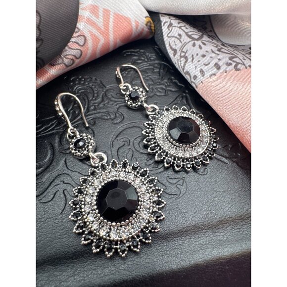 2/$24 Black Crystal Sunflower Dangle Earrings With Silver-Tone Detailing For Wom - Picture 6 of 8